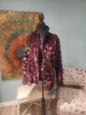 Velvet Floral Embroidered Jacket - Wine Multi